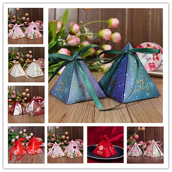 Треугольная коробка конфет для свадебной вечеринки, коробки для упаковки шоколада, Бумажная подарочная коробка для душа ребенка, день рождения, сумка с карточкой и лентой