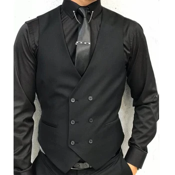 Черный официальный мужской жилет без рукавов, цельный мужской костюм с двубортным жилетом, модный свадебный смокинг на заказ