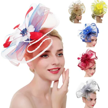 Шляпа-чародей с цветочным пером, повязка на голову, зажим для Алисы, сетчатый свадебный коктейль, аксессуары для волос, повязка на голову для чаепития для женщин